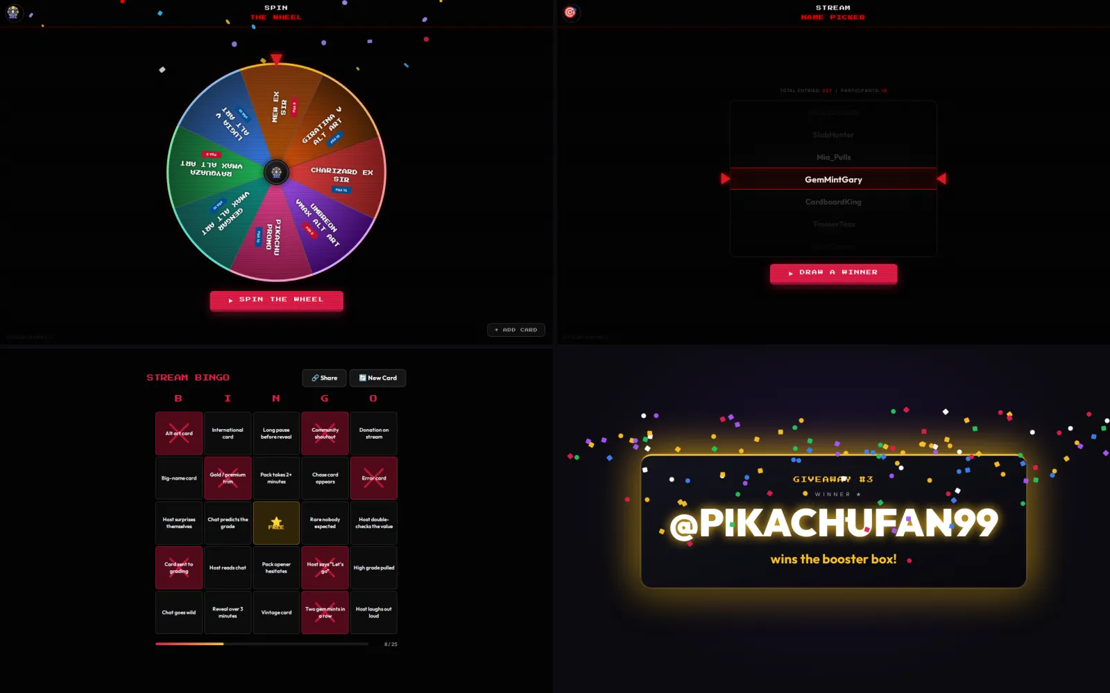 The four Stream Toolkit tools: spin wheel, name picker, stream bingo and the OBS winner overlay